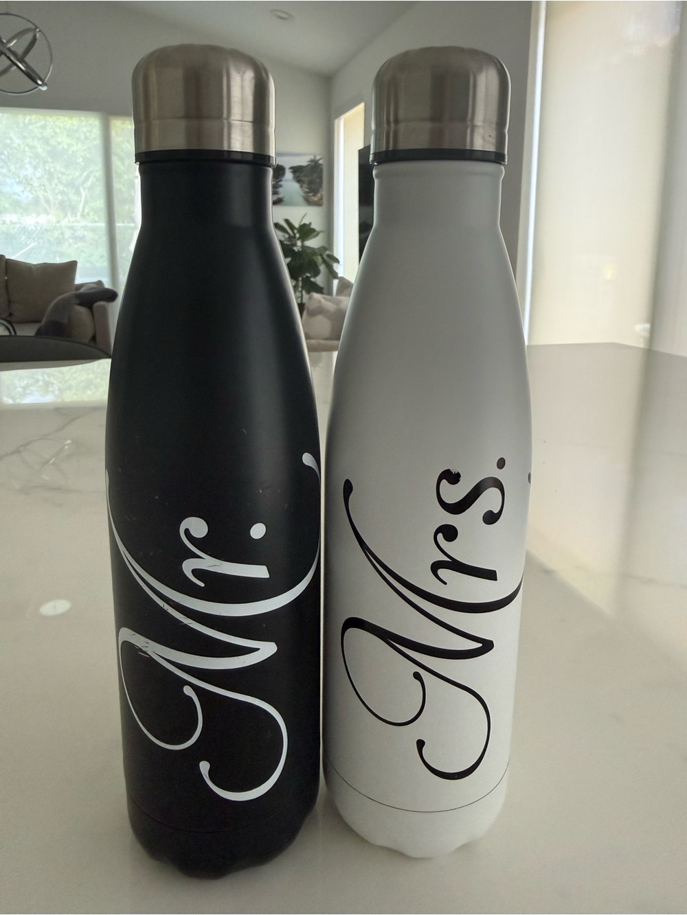 Mr. & Mrs. Set of two Stainless Steel Insulated Water Bottles Black & White